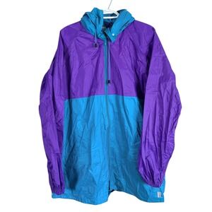 Vintage Rainfair Rain Jacket Mens L Purple Blue Packable Pouch Hood Windbreaker